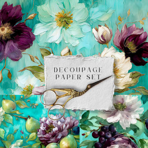 Vintage Rustic Teal & Plum Floral Decoupage Paper 