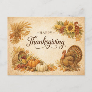 Vintage Rustic Thanksgiving Turkey Harvest Holiday Postcard
