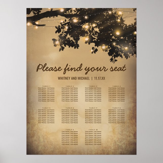 Vintage Rustic Tree 10 Table Wedding Seating Chart (Front)