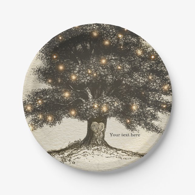 Vintage Rustic Tree & Lights Wedding Reception Paper Plate (Front)