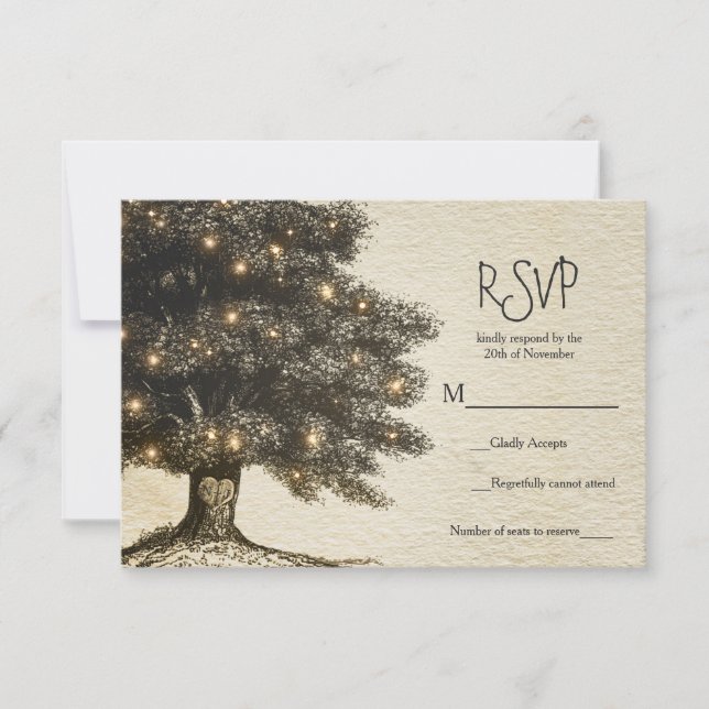 Vintage Rustic Tree & Lights Wedding RSVP (Front)