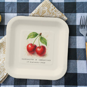 Vintage Rustic Watercolor Cherry Fruit Typography Paper Plate