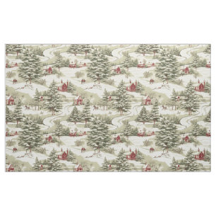 Vintage Rustic Watercolor Christmas Village View Fabric