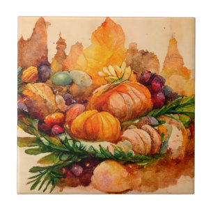 Vintage  Rustic Watercolor Fall Pumpkin Harvest Tile