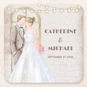 Vintage Rustic Watercolor Romantic String Lights Square Paper Coaster