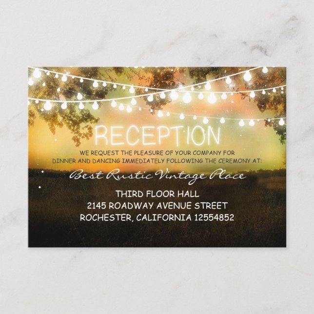 vintage rustic wedding reception card with lights (Front)