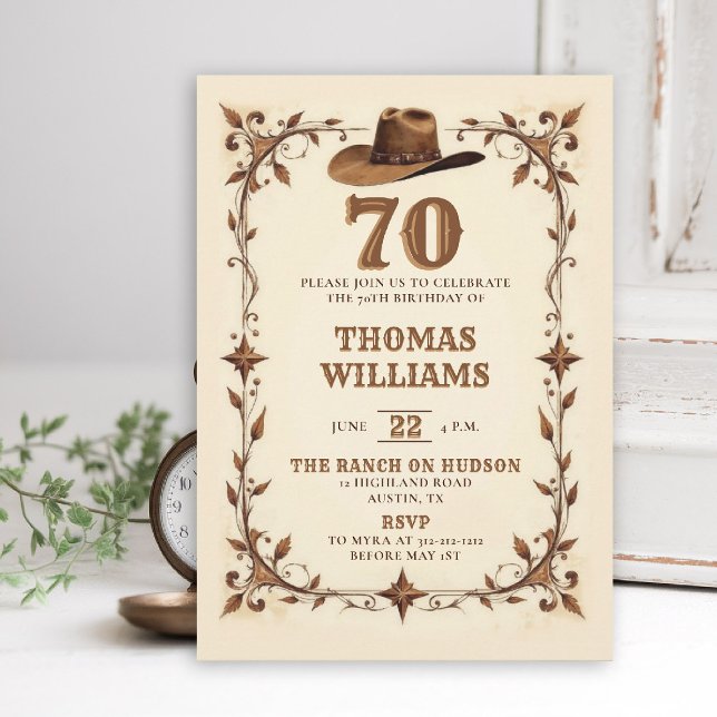 Vintage Rustic Western Star Cowboy 70th Birthday  Invitation (cowboy birthday invitation men 70th rustic vintage star country western husband dad grandpa)