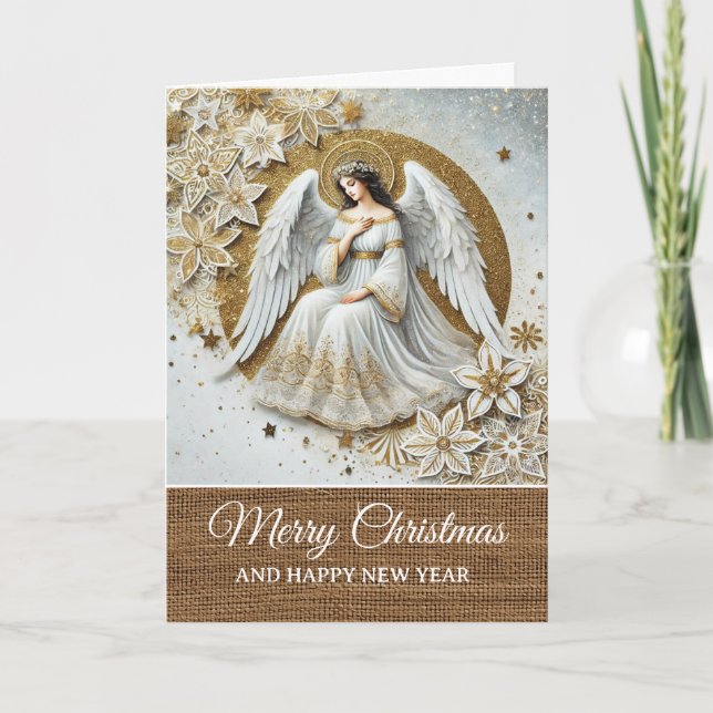 Vintage Rustic White and Gold Angel Christmas  Card (Front)