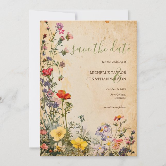 Vintage Rustic Wildflower Botanical Save the Date Invitation (Front)