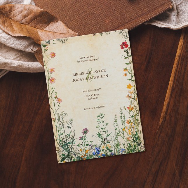 Vintage Rustic Wildflower Botanical Save the Date Invitation (vintage paper and meadow flowers)