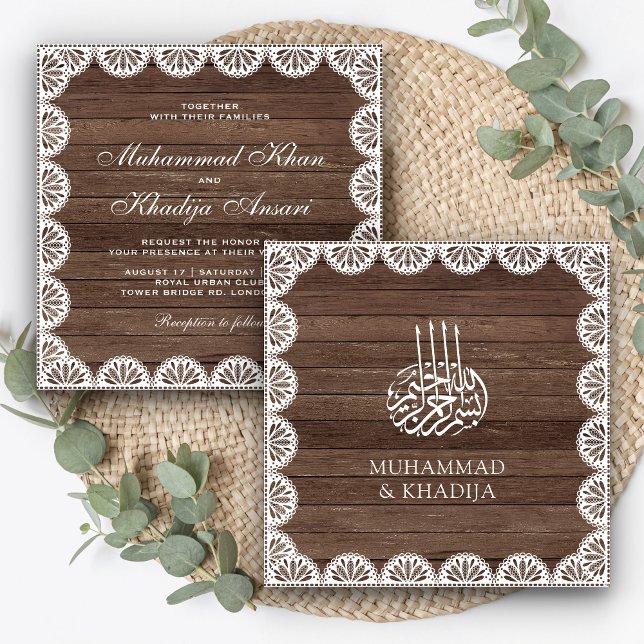Vintage Rustic Wood White Lace Islamic Wedding Invitation (Creator Uploaded)