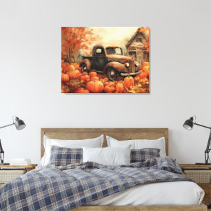 Vintage Rusty Pickup and Pumpkins Autumn 32x24 Canvas Print