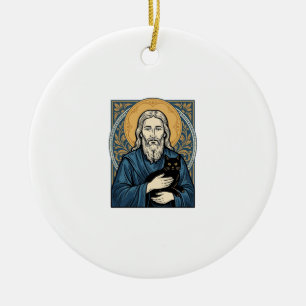 Vintage Sacred Cat Portrait Vector Shirt Design_1 Ceramic Ornament