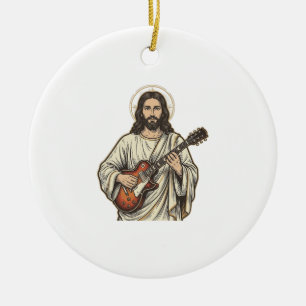 Vintage Sacred Guitarist Engraving Shirt Design_1 Ceramic Ornament