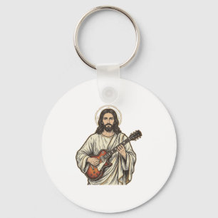 Vintage Sacred Guitarist Engraving Shirt Design_1 Keychain