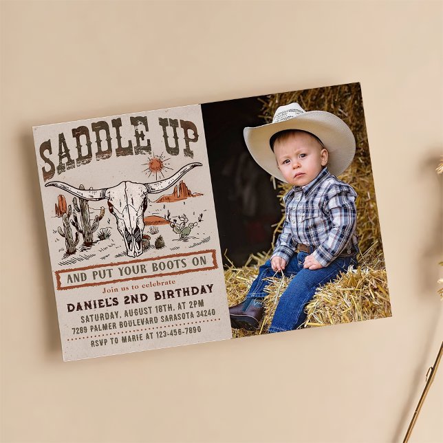 Vintage Saddle Up Western Cowboy Birthday Photo Invitation (Creator Uploaded)