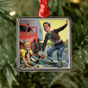 Vintage Safety Patrol Crossing Guard Helping Girl Metal Ornament