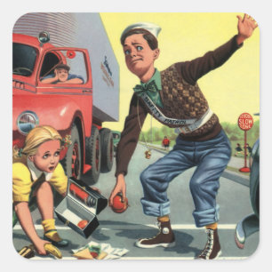 Vintage Safety Patrol Crossing Guard Helping Girl Square Sticker