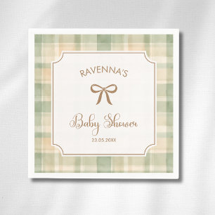 Vintage Sage Brown Plaid Gold Bow Baby Shower Napkin