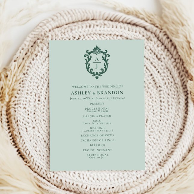 Vintage Sage Crest Monogram Wedding Program (Creator Uploaded)