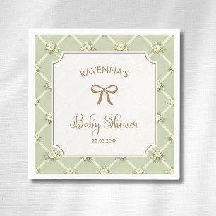 Vintage Sage Floral Diagonal Gold Bow Baby Shower Napkin