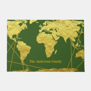 Vintage Sage Glam Gold World Map Family Name Doormat