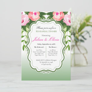 Vintage Sage Green and Pink Roses Rehearsal Dinner Invitation