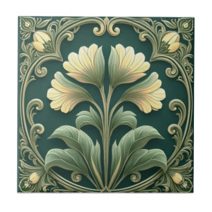Vintage Sage Green Art Nouveau Floral  Tile