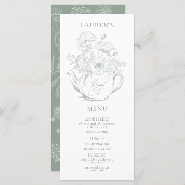 Vintage Sage Green Botanical Bridal Tea Shower Menu (Front/Back)