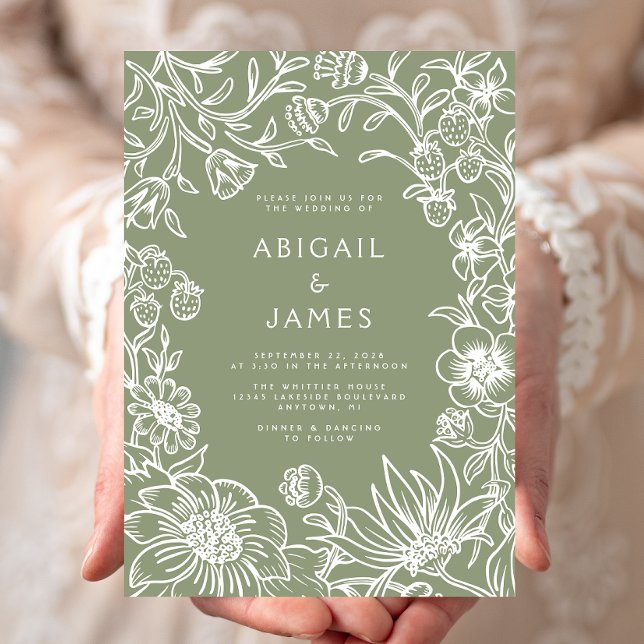 Vintage Sage Green Botanical Frame Wedding Invitation (Creator Uploaded)