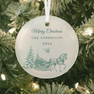 Vintage Sage Green Christmas Toile Horse Sleigh Glass Ornament