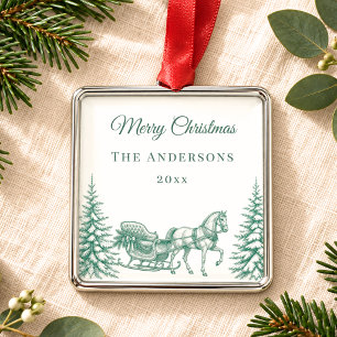 Vintage Sage Green Christmas Toile Horse Sleigh Metal Ornament