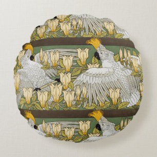 Vintage Sage Green Cockatoo Parrot Magnolia Art Round Pillow