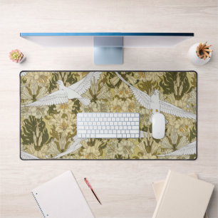 Vintage Sage Green Dove & Lily Floral Pattern Desk Mat
