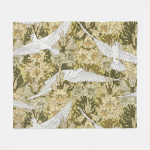 Vintage Sage Green Dove & Lily Floral Pattern Fleece Blanket