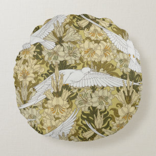 Vintage Sage Green Dove & Lily Floral Pattern Round Pillow