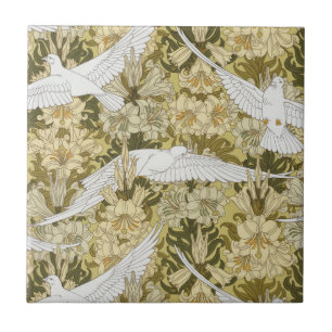 Vintage Sage Green Dove & Lily Floral Pattern Tile