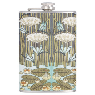 Vintage Sage Green Dragonfly & Lily Art Hip Flask