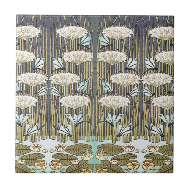 Vintage Sage Green Dragonfly & Lily Art Tile (Front)