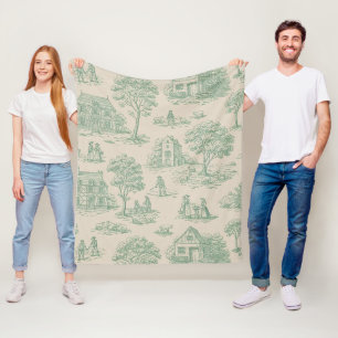 Vintage Sage Green Farmhouse Toile Landscape Fleece Blanket
