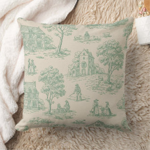 Vintage Sage Green Farmhouse Toile Landscape Throw Pillow