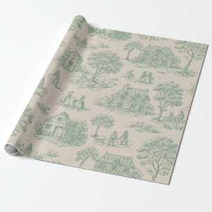 Vintage Sage Green Farmhouse Toile Landscape Wrapping Paper