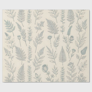Vintage Sage Green Ferns Wildflowers Botanical Wrapping Paper