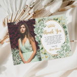Vintage Sage Green Floral Butterflies Quinceanera  Thank You Card<br><div class="desc">Personalize this vintage chic sage green floral Quinceañera / Sweet 16 birthday photograph thank you card easily and quickly. Simply click the customize it further button to edit the texts, change fonts and fonts colours. Featuring soft watercolor sage green flowers, butterflies and a gold trimmed oval space to put all...</div>