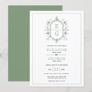 Vintage sage green floral crest initials wedding invitation