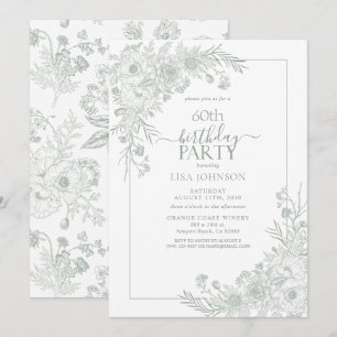 Vintage Sage Green Floral Line Art 60th Birthday Invitation
