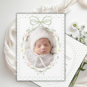 Vintage Sage Green Floral Wreath Birth Anouncement Invitation
