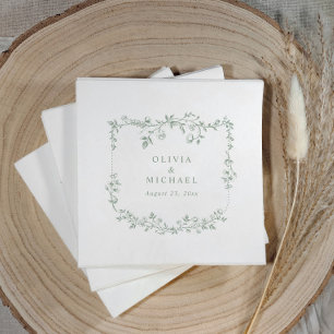 Vintage Sage Green French Floral Crest Wedding Napkin