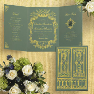 Vintage Sage Green Gold Elegant Gate Wedding Tri-Fold Invitation