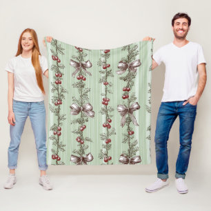 Vintage Sage Green Holly Berry Ribbon Christmas Fleece Blanket